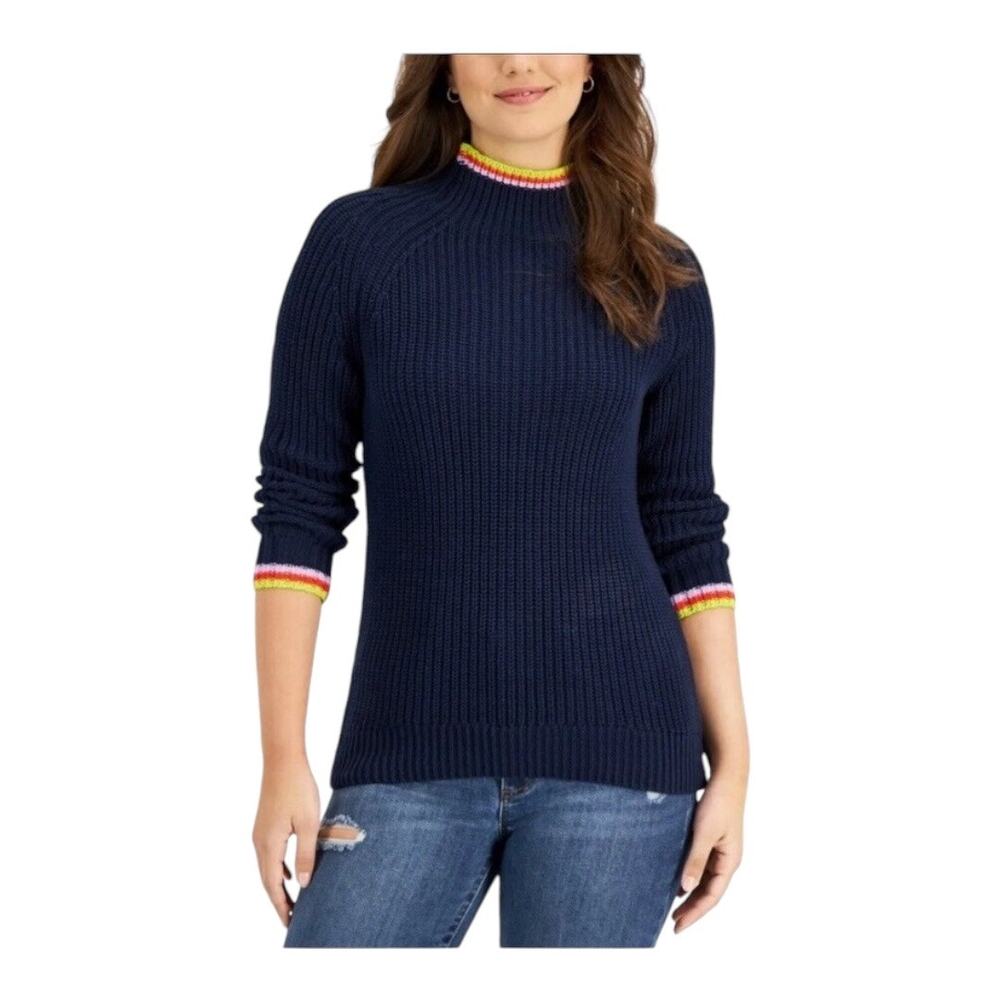 Style & Co. Navy Ribbed Long Sleeve Sweater Striped neck & cuff‎ Sz L